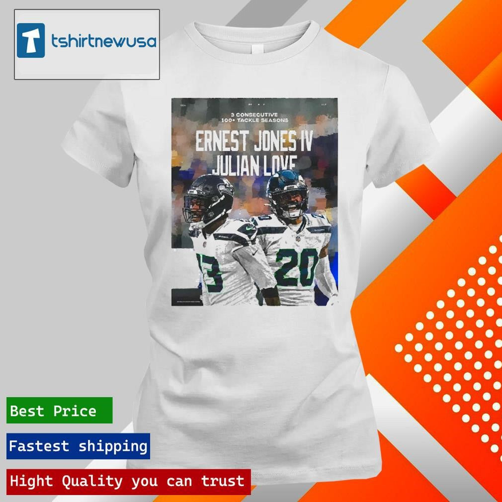 Premium Poster Seattle Seahawks Ernest Jones Iv Julian Love 3 Consecutive 100 Tackle Seasons 2025 Shirt