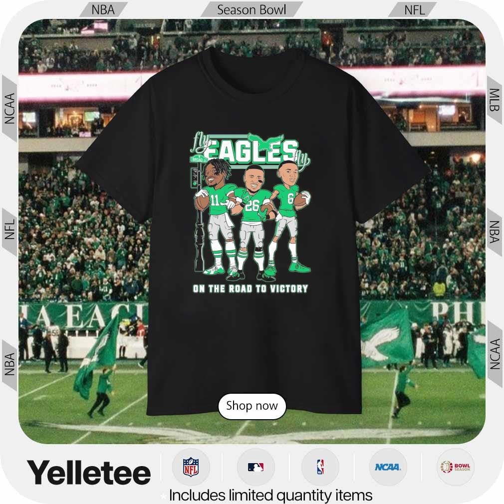 Philadelphia trio on the road to victory fly Eagles fly caricature shirt