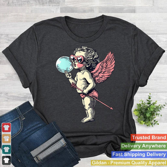 Womens Retro Cupid Valentine Day Cute Vintage Cupid Blowing Bubble V-Neck