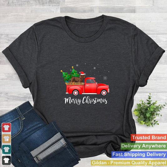 American Water Spaniel Dog Riding Red Truck Christmas T Shirt