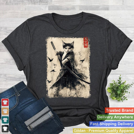 Samurai Cat Graphic Tee Warrior Vintage Japanese Art Anime