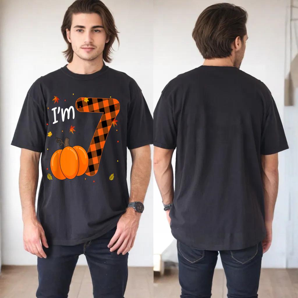 I'm 7 Pumpkin 7th Birthday Shirt Boy Girl Buffalo Plaid