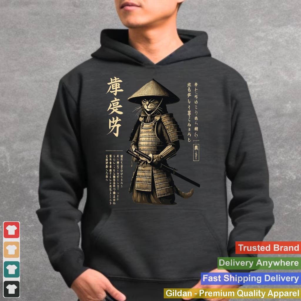 Samurai Cat Graphic Tee Warrior Vintage Japanese Art Anime Long Sleeve