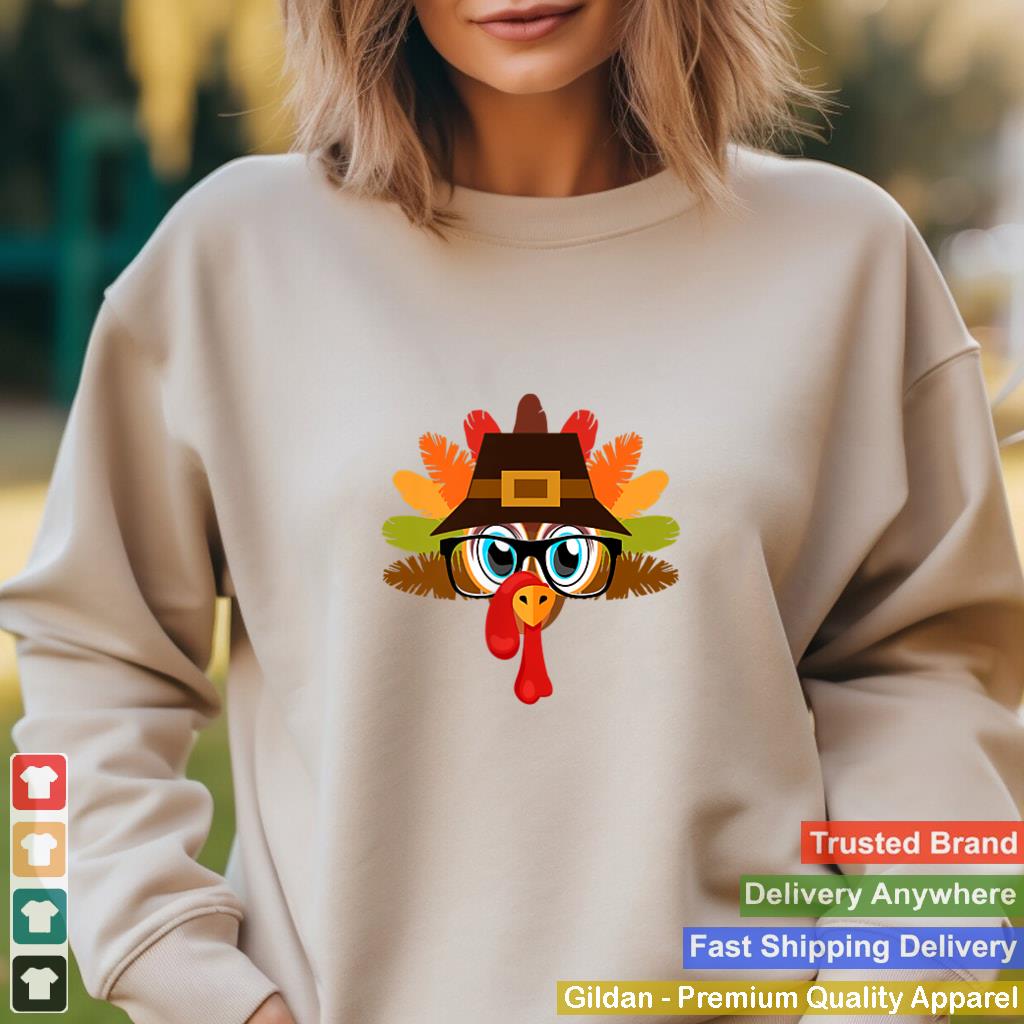 2 sided Thanksgiving Turkey Face Pilgrims Hat Glasses Tail T Shirt