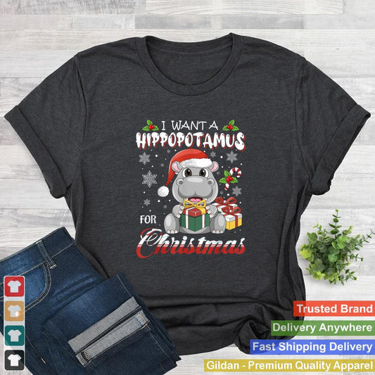 I Want a hippopotamus Christmas Tree Light Santa Lover Safar T Shirt