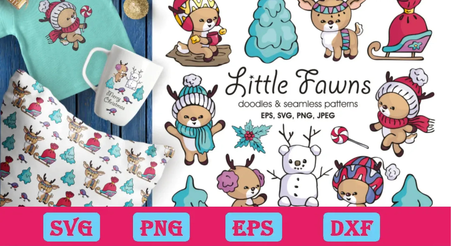 Little Fawns Doodles And Seamless Patterns Svg Bundle, Christmas Svg