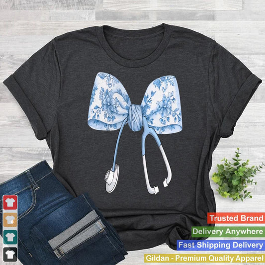 Womens Toile Nurse Bow Blue Coquette Nurse Stethoscope Bow Sweatshirt