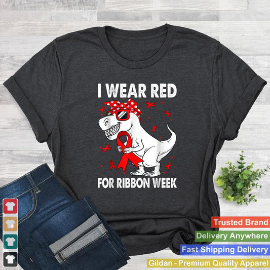 In October We Wear Red Ribbon Week Awareness Dinosaur Boys T Shirt