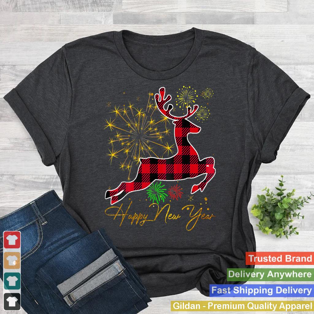 Happy New Year Reindeer Buffalo Plaid Merry Christmas