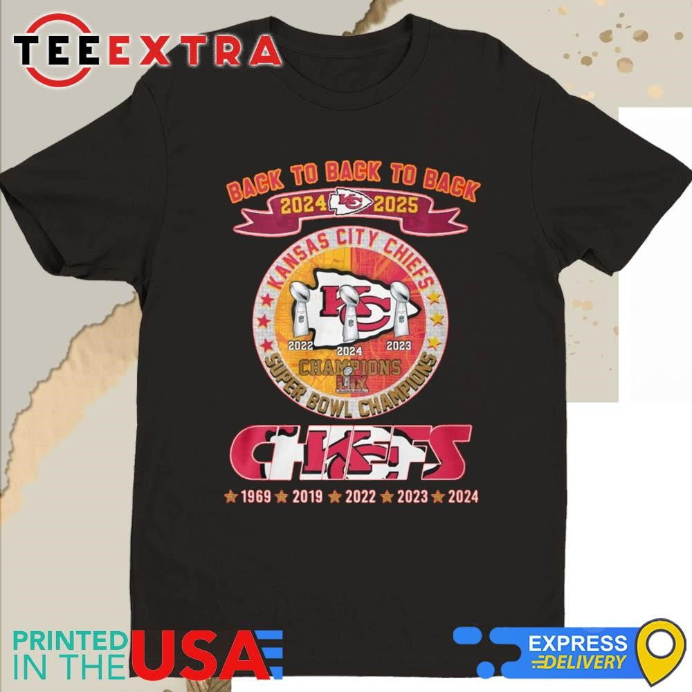 Official Back To Back To Back 2024-2025 5X Kansas City Chiefs NFL Champions LIX Logo Shirt