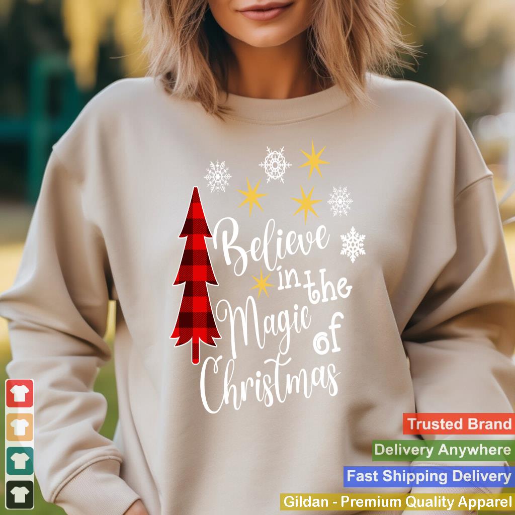 Cute Casual Believe in Magic of Christmas Tree Buffalo Plaid Long Sleeve