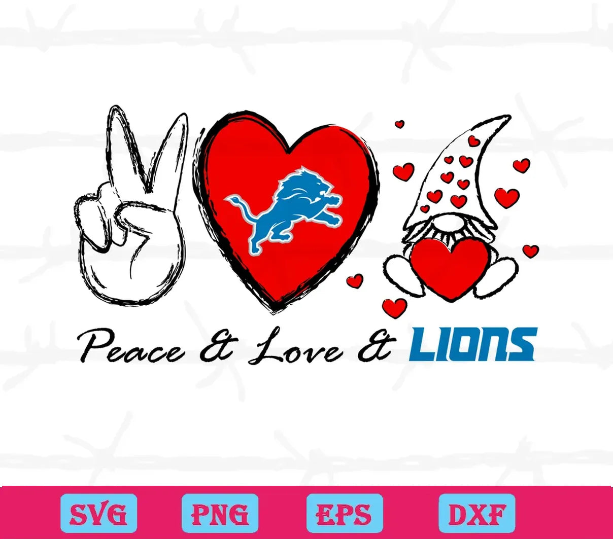 Nfl Teams Peace Love Lions Heart With Gnome, Cuttable Svg Files