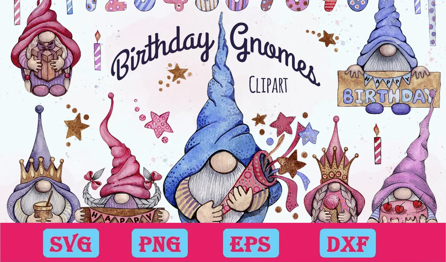 Watercolor Happy Birthday Gnome Clipart Png