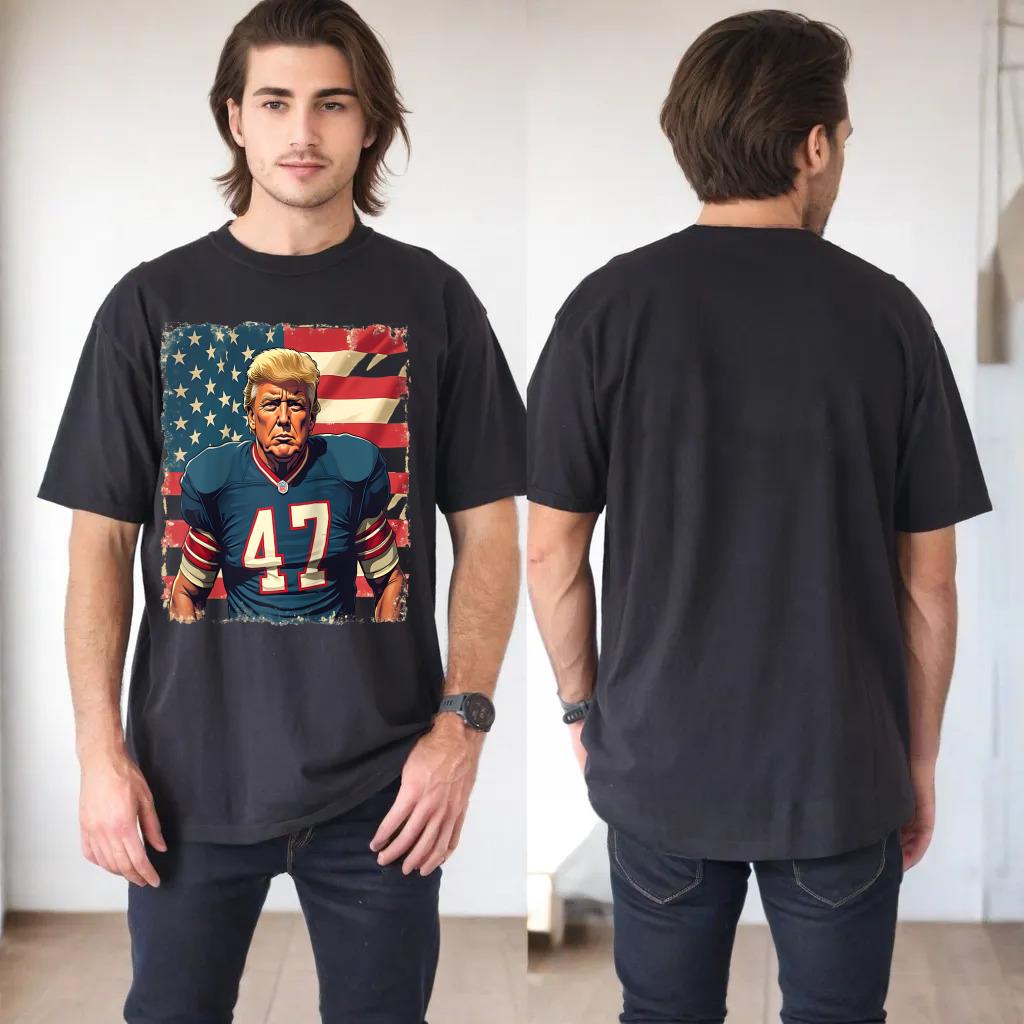 TRUMP 47 Football Player - Patriotic President 47 USA Flag Raglan Baseball Tee_1