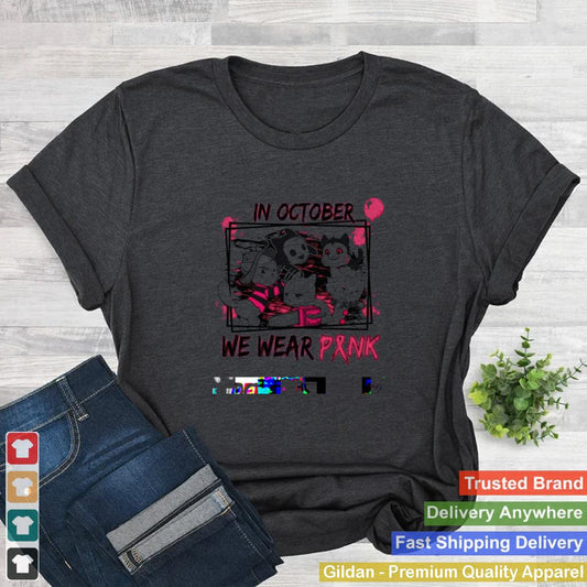 In october we wear pink horror movies cat breast cancer Halloween shirt