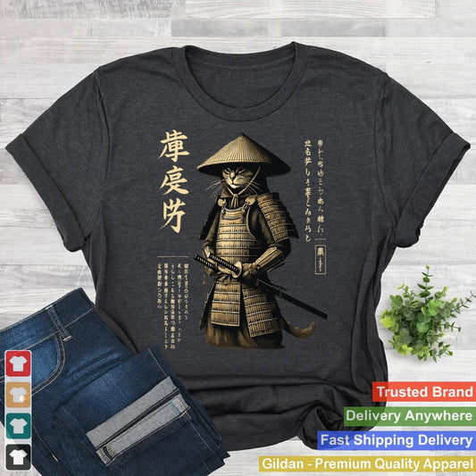 Samurai Cat Graphic Tee Warrior Vintage Japanese Art Anime Long Sleeve