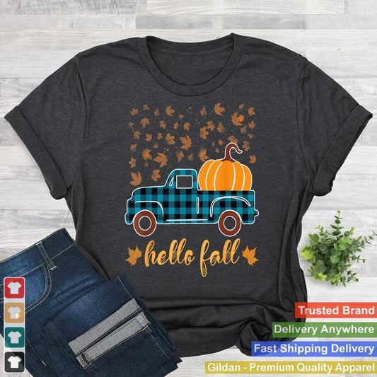 Hello Fall Shirt Funny Halloween Pumpkin Buffalo Plaid Truck