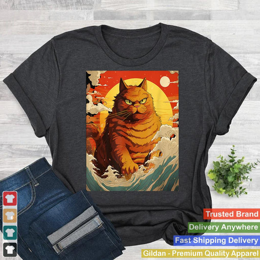 Catzilla Vintage Funny Cute Cat Art Japanese Sunset Waves