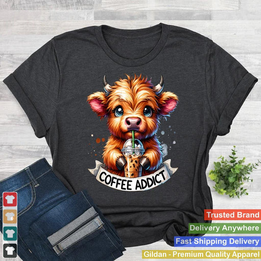 Women's Highland Cow Shirt Coffee Addict Cute Gifts