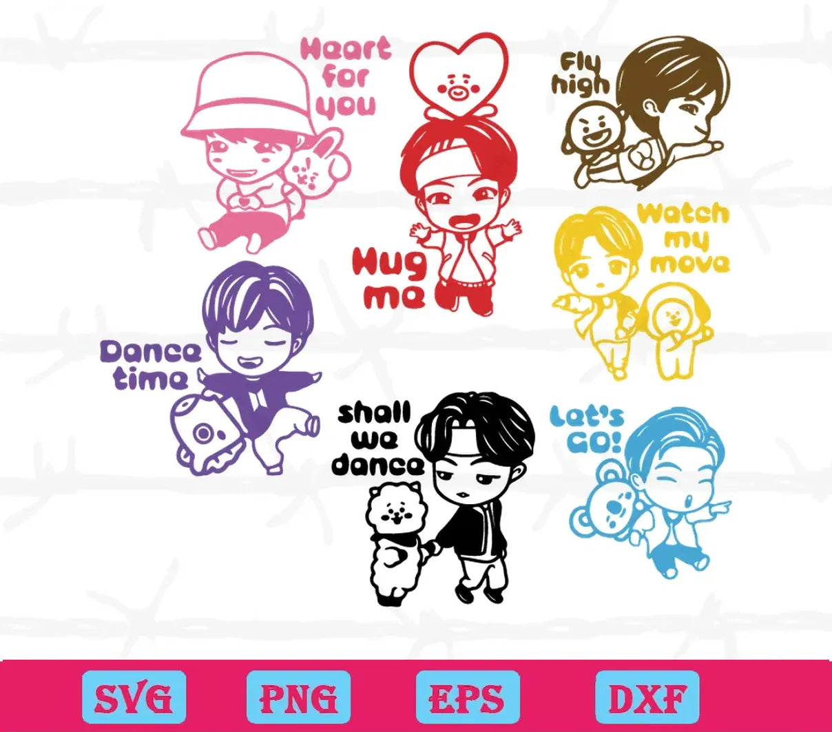 Chibi BTS Members V Suga Rm Jungkook Jimin Jin Jhope BT21 Characters, SVG Cutting Designs