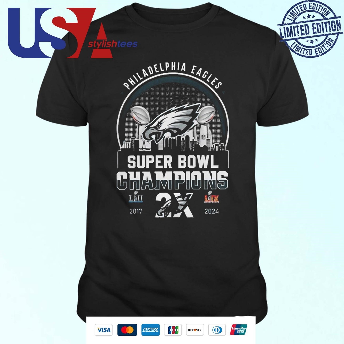 Philadelphia Eagles Super Bowl LIX Champions 2017-2024 Skyline Logo Shirt