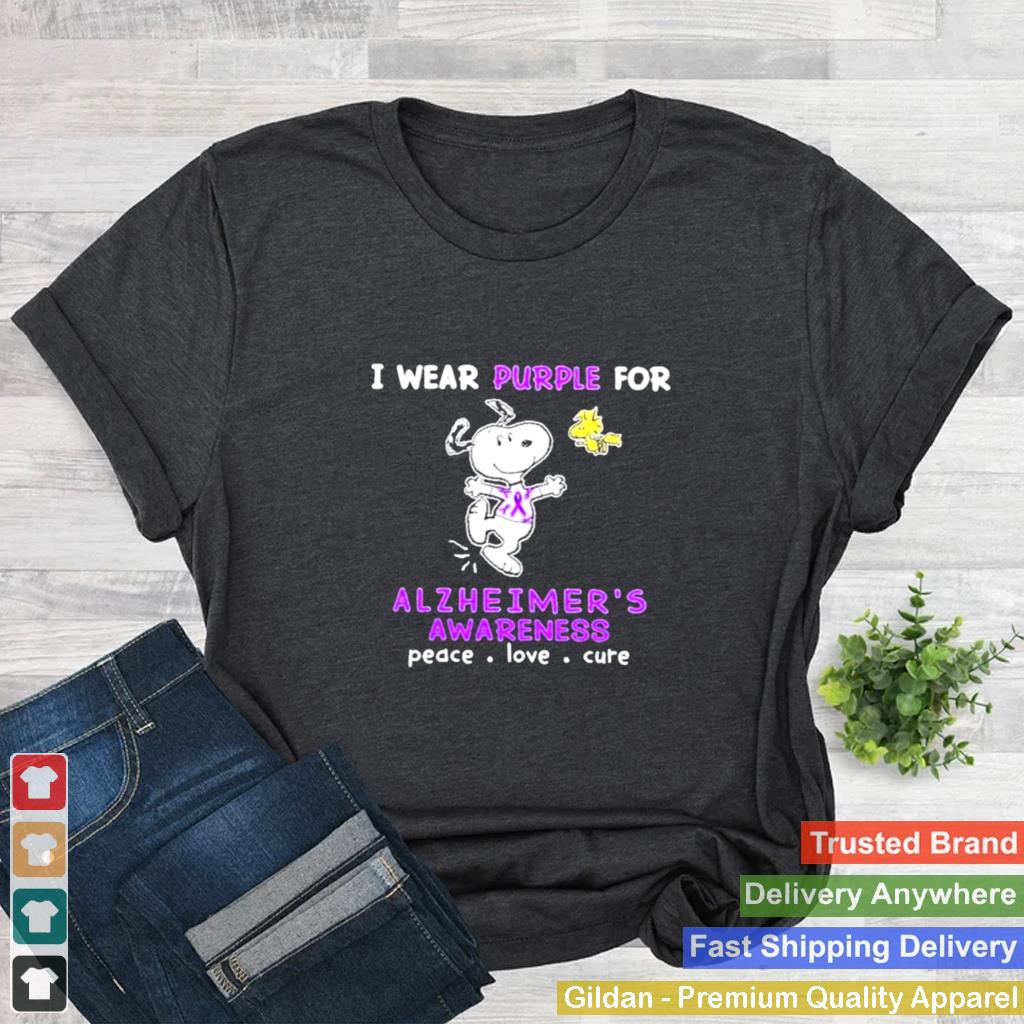 I Wear Purple For Alzheimers Awareness Peace Love Cute Snoopy Shirt