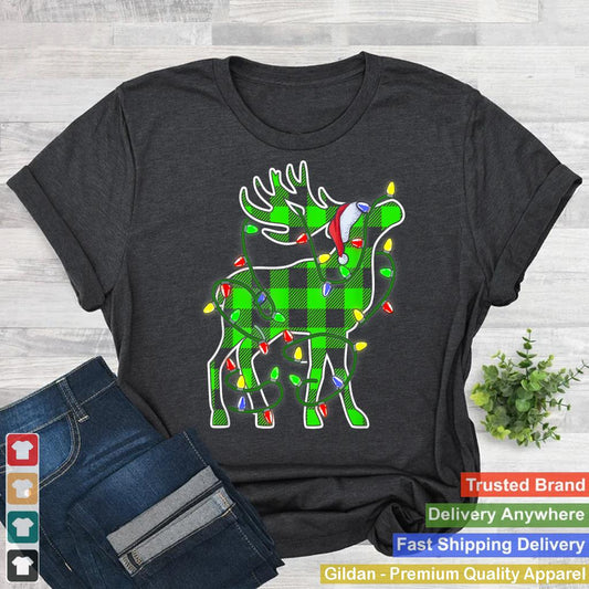 Green Plaid Buffalo Deer Christmas Pajamas Xmas Lights Tee