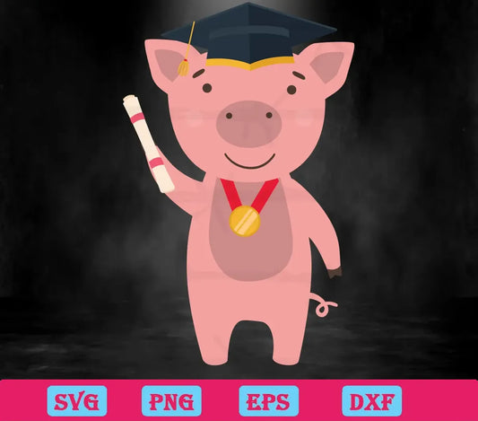 Cartoon Cute Pink Pig Graduate, Svg Png Dxf Eps Cricut Silhouette