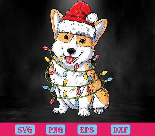 Cute Corgi Christmas Lights Santa Hat, Laser Cut Svg Files