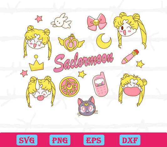 Chibi Sailor Moon Bow Locket Cat Lipstick Rabbit Phone Crown, Svg Bundle