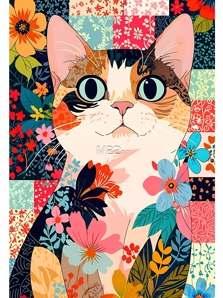 Floral Patchwork Cat Art Vibrant And Whimsical Design By M22