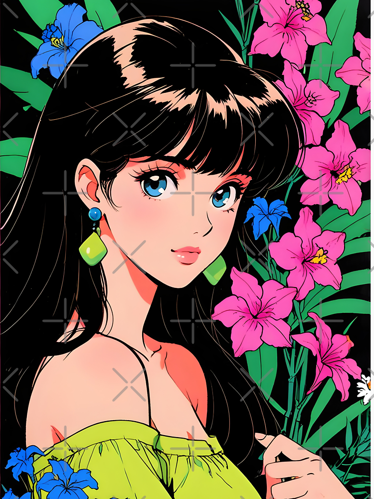 Flowers Vintage Cute Woman Pink And Blue By Anime Rewind