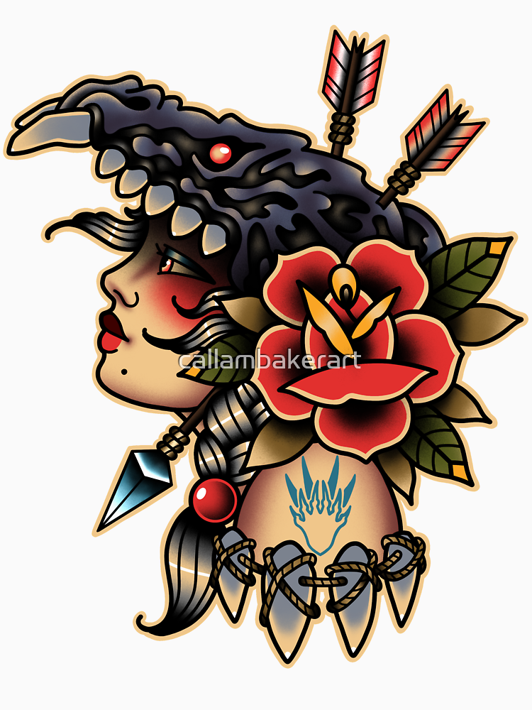 Mh Ebony Odogaron Headdress American Traditional Tee Sticker By Callambakerart