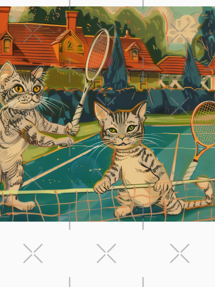 Vintage Tennis Cats Whimsical Feline Sports Art By Kukex