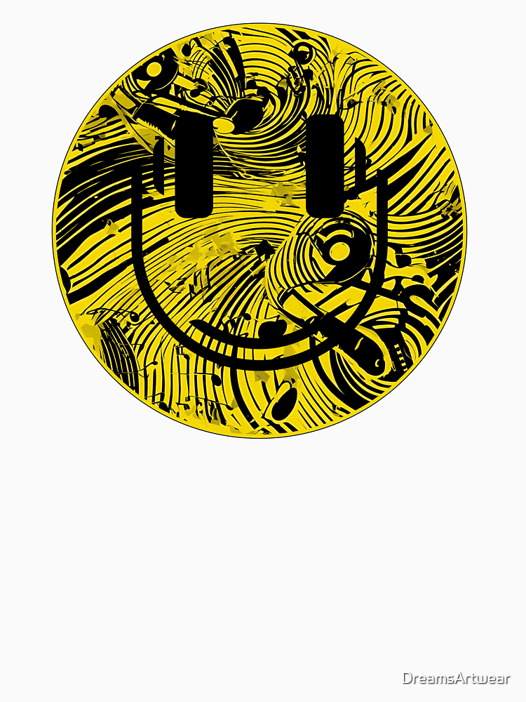 Yellow Music Smiley With Headphones And Abstract Sound Waves By Dreamsartwear