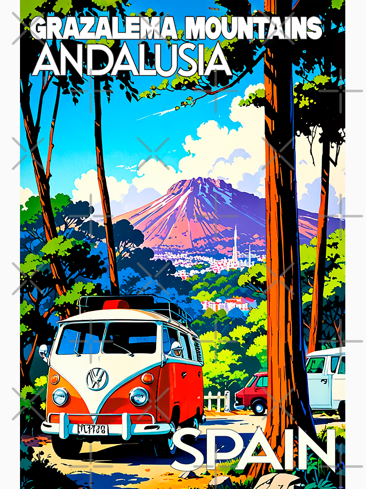 Grazalema Mountains Andalusia Van Trip Sticker With Cute 80S Vintage Travel Anime Design By Urbantrip