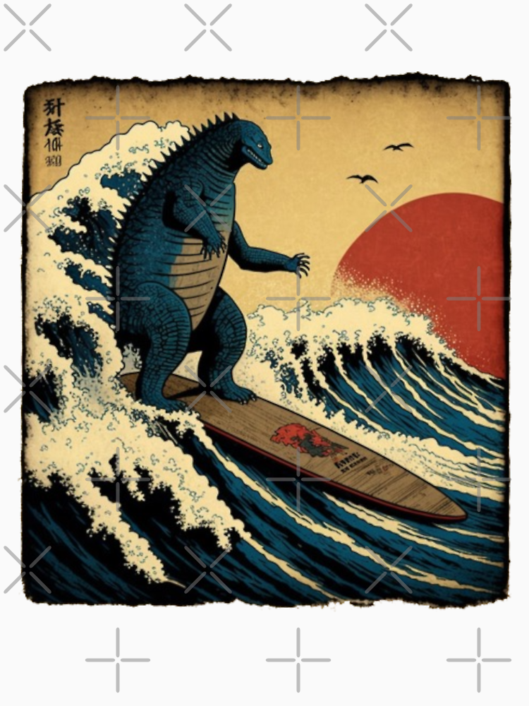 Godzilla Surfing The Great Wave By Hokusai Funny Parody By Manbird