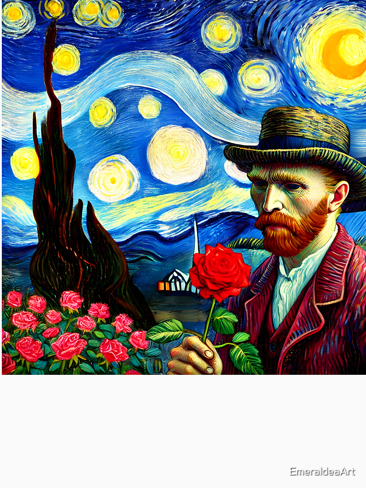 Van Gogh Holding A Red Rose Infused Into Van Gogh S Starry Night Famous Painting Art By Emeraldeaart