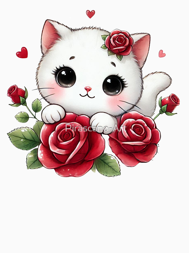 Cute Cat White Red Roses By Pirascano Art