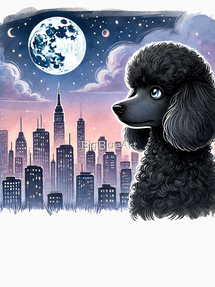 Black Poodle Gazing At A Monnlit Skyline Whimsical Urban Scene By Bigblueart